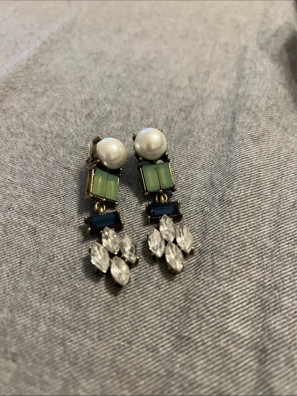 Anthropologie Pearl Drop Earrings with Green, Blue & White Stones